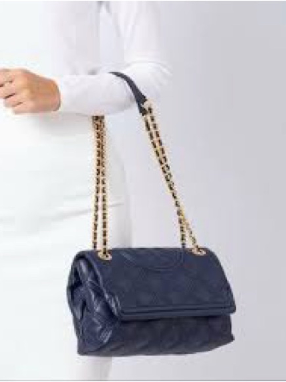 Tory Burch fleming soft convertible shoulder Bag Leather Quilted Chain Dark Blue